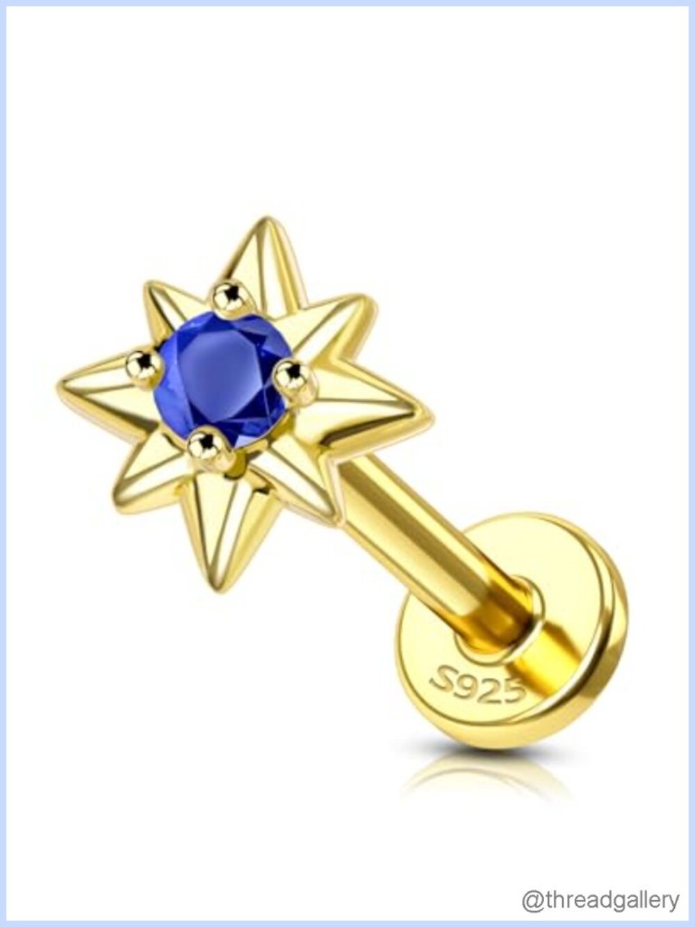 14K Gold Plated 925 Sterling Silver Cartilage Stud Earring Blue CZ 16G